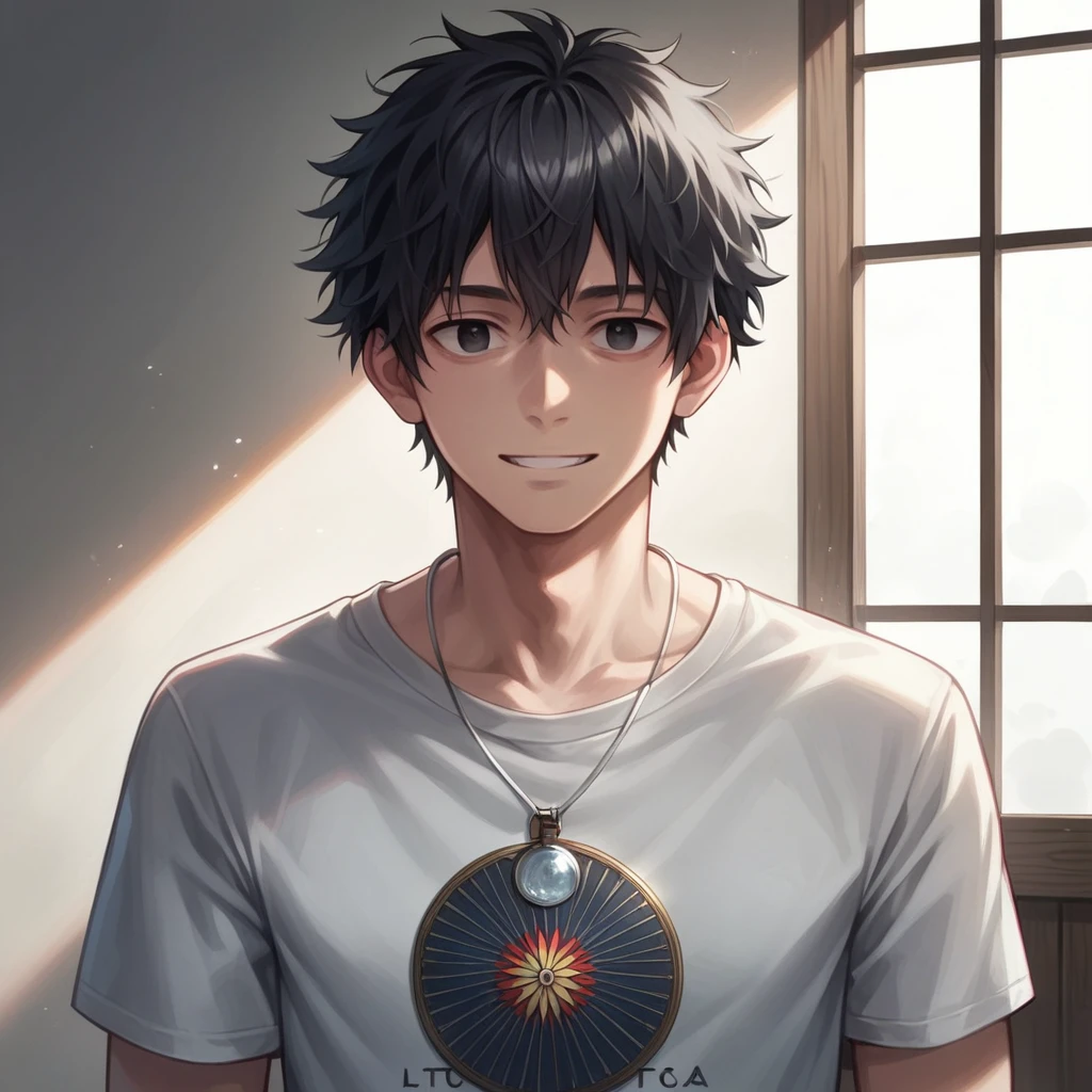(((best quality))),(((ultra detailed))), ((masterpiece)), (((vivid))), anime, 1 boy, 18 years old appearance, short hair, detailed hair, black hair, messy hair, black eyes, detailed eyes, black t-shirt, silver pendant around the neck, on the left arm a digital watch, ((during the day)), without smiling, calm face, in a Japanese room,