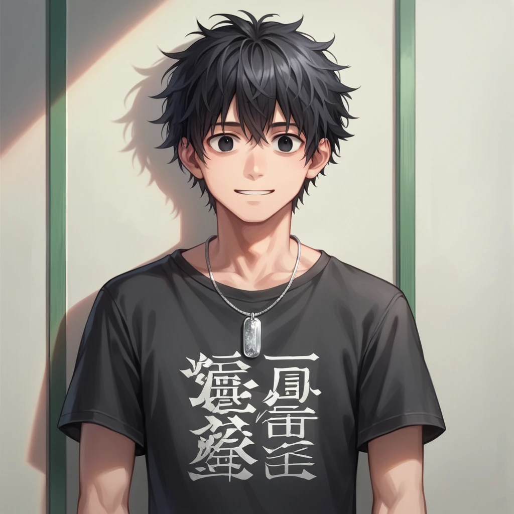 (((best quality))),(((ultra detailed))), ((masterpiece)), (((vivid))), anime, 1 boy, 18 years old appearance, short hair, detailed hair, black hair, messy hair, black eyes, detailed eyes, black t-shirt, silver pendant around the neck, on the left arm a digital watch, ((during the day)), without smiling, calm face, in a Japanese room,