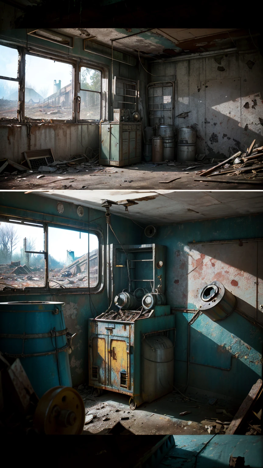 (Best Quality,4k,8k,high resolution, Masterpiece:1.2),ultra detailed, sharp focus,(realist,photorealist,photo-realist:1.37),extremely fine details, intricate details,vivid colors,intense colours,Deep contrast,cinematic depth of field,cinematographic composition,cinematic camera angle(Photography focused on abandoned industrial machinery.), abandoned coal mine landscape, machine placed, ((Trolleybus in ruins, 放置されたHeavy equipment, industrial waste)), quiet, Lonely, minimalist, industrial environment, Heavy equipment, spiderweb, dusty, Disturbing silence, crumbling walls, oxide, overgrown vegetation, Remnants of past activities, dark space, broken window, calm colors, mysterious atmosphere