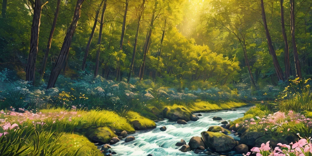 A lyrical forest, on the banks of a river with trees and flowers in golden lighting