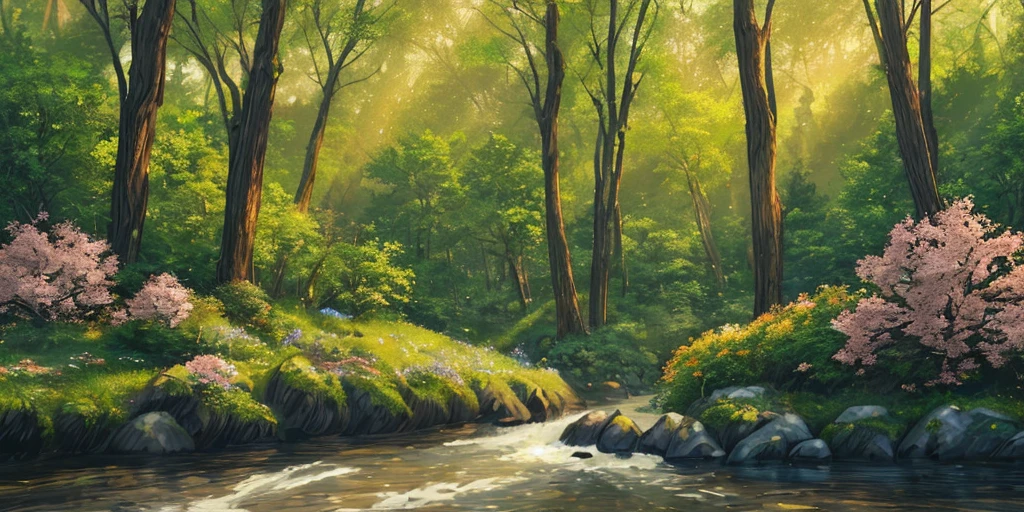A lyrical forest, on the banks of a river with trees and flowers in golden lighting