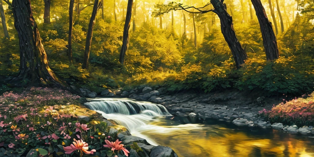 A lyrical forest, on the banks of a river with trees and flowers in golden lighting