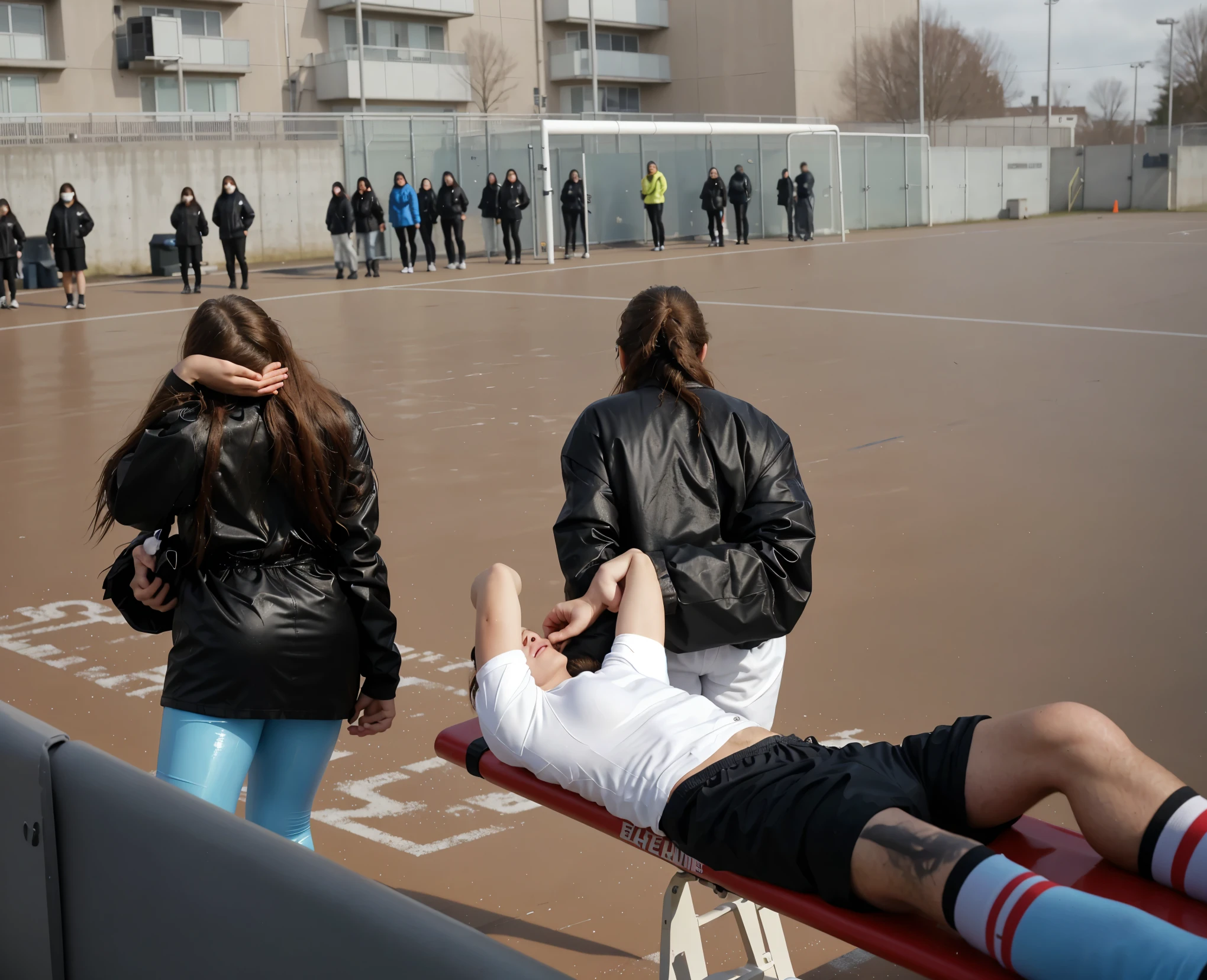 There is a man lying on a stretcher with his hands crossed over his face, a man in a t-shirt and sports shorts has crossed his hands over his face, the man has an agonised face under his hands, two longhaired and ponytailed women that are wearing very shiny coats, there are longhaired women wearing laquered puffy coats, longhaired women are walking in wetlook puffy coats, several women walking around a football field with an injured athlete on a stretcher, the injured athlete on the stretcher covers his face with both hands, the women look very worried, behind the women there is a frightening atmosphere, there is heavy rainfall in the background, video still