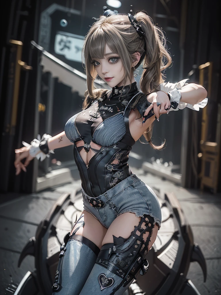 (Full Body View:1.4)、(Side view:1.1)、(Smiling with teeth showing:1.3),(Shibuya Gal:1.5)、(Gothic Lolita style fashion:1.5)、(Punk RockVisual Kei:1.5)、(Wearing a rhythmic gymnastics bodysuit with intricate details:1.4)、(Racing suit and pants with intricate decorations in white, denim and charcoal:1.5)、(Denim and light blue and white boots:1.3)、((belt))、(Numerous delicate logo marks all over the costume:1.4)、(collar:1.3)、(Striped underwear:1.5)、20-year-old、NSFW、((Highest quality、In 8K、masterpiece:1.3))、Sharp focus:1.2、(Layered Cut、Huge boobs:1.1),Beautiful woman with perfect figure:1.4、(Dancing vigorously:1.3)、Slender Abs:1.2、Highly detailed face and skin texture、Detailed eyes、double eyelid,(Twin tails:1.3)、(Brown-golden hair:1.3)、Gravure idol、(The background is the stage of the fashion show:1.3)、(Slim body:1.3),(Make your legs thinner:1.4),(clavicle:1.1)、(Thin and slim thighs:1.3)