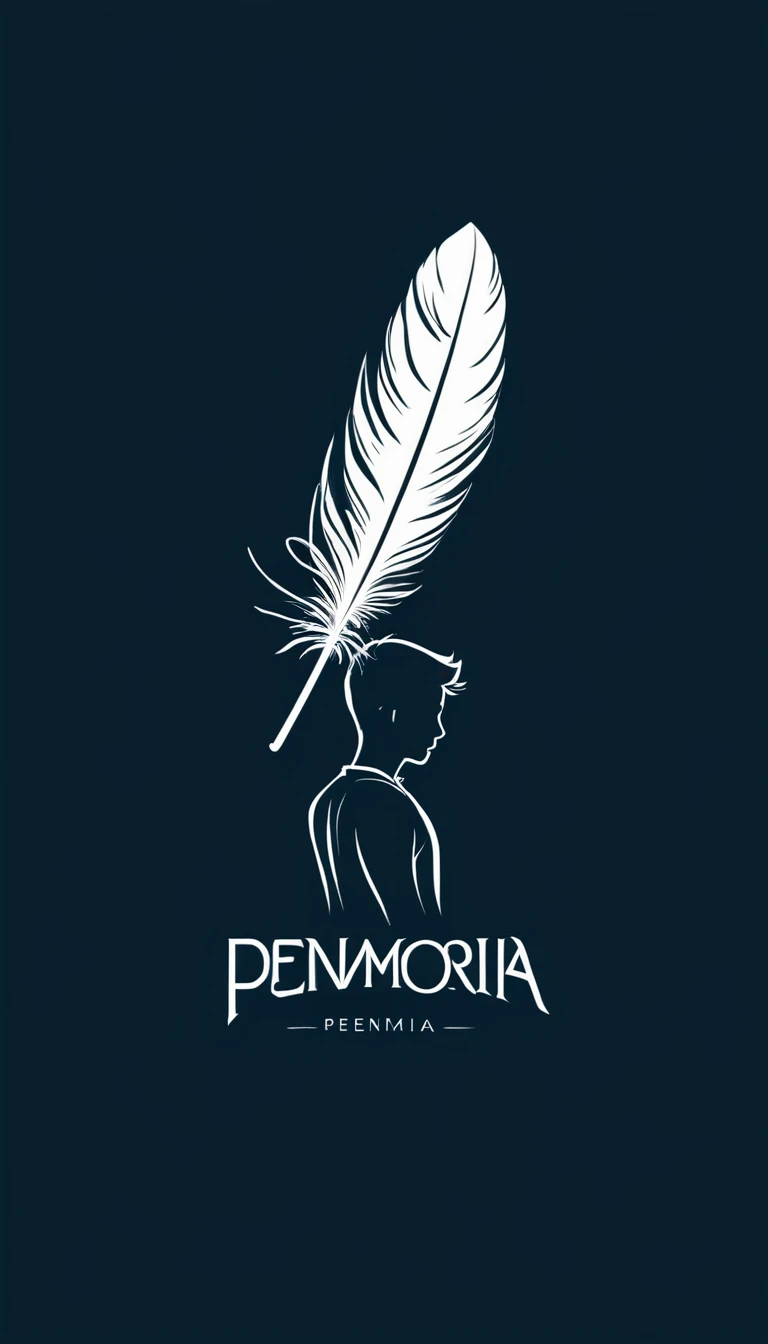Create a minimal, modern, simple, inspirational, memorable, dream like logo design of a boy and a feather for the brand “Penamemoria". 