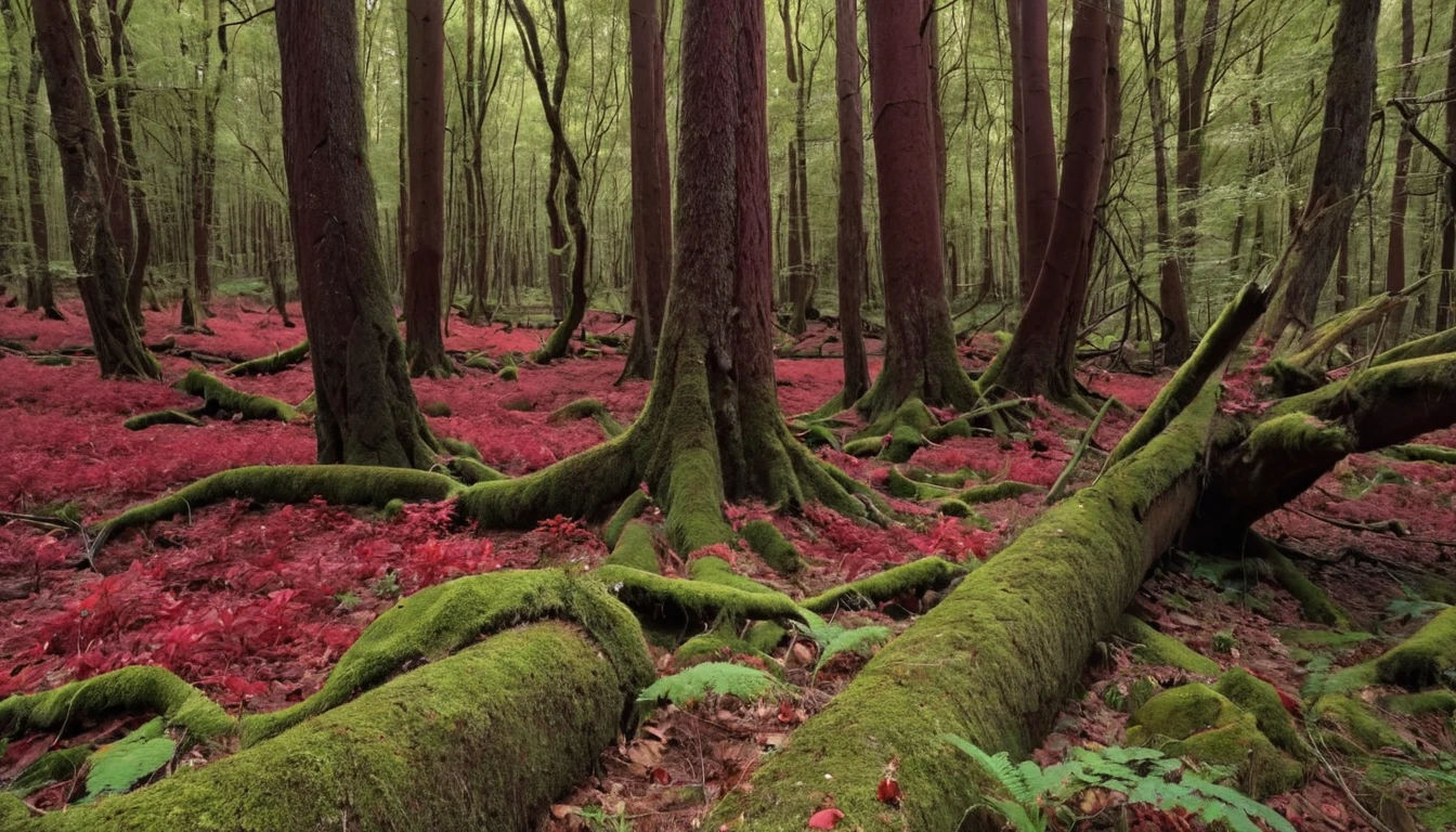 a wonderful red forest, very detailed, photographic, cinematic, 4k, tree trunks with realistic texture, undergrowth also with reddish tones, an incredible forest worthy of fantasy books. broad view