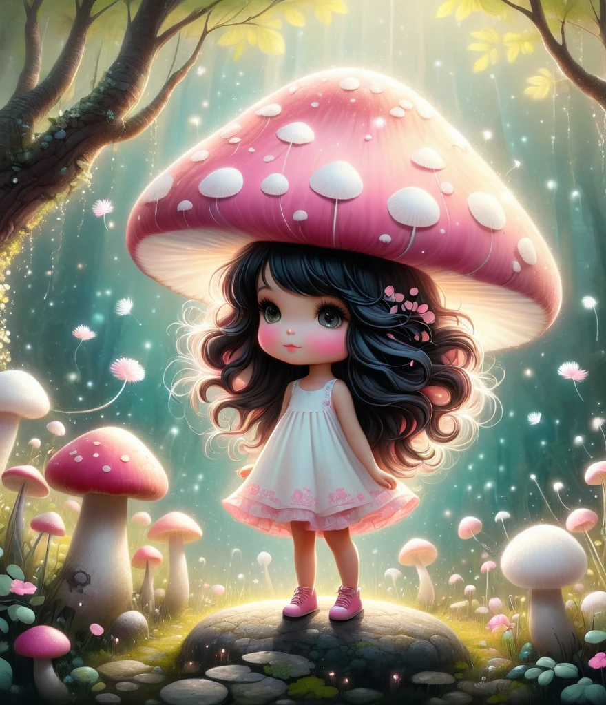 Cute cartoon boy, whole body,Mushroom floating, Pink and white color scheme, sharpie illustration, Thick lines, Grunge rock style beauty, Blending Mode, in the style of Amanda clark, Evgeni gordiets, illustration, 1 nhbm 1