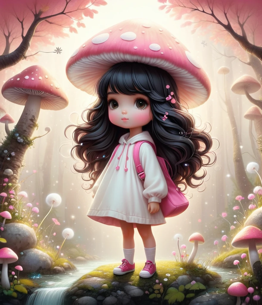 Cute cartoon boy, whole body,Mushroom floating, Pink and white color scheme, sharpie illustration, Thick lines, Grunge rock style beauty, Blending Mode, in the style of Amanda clark, Evgeni gordiets, illustration, 1 nhbm 1