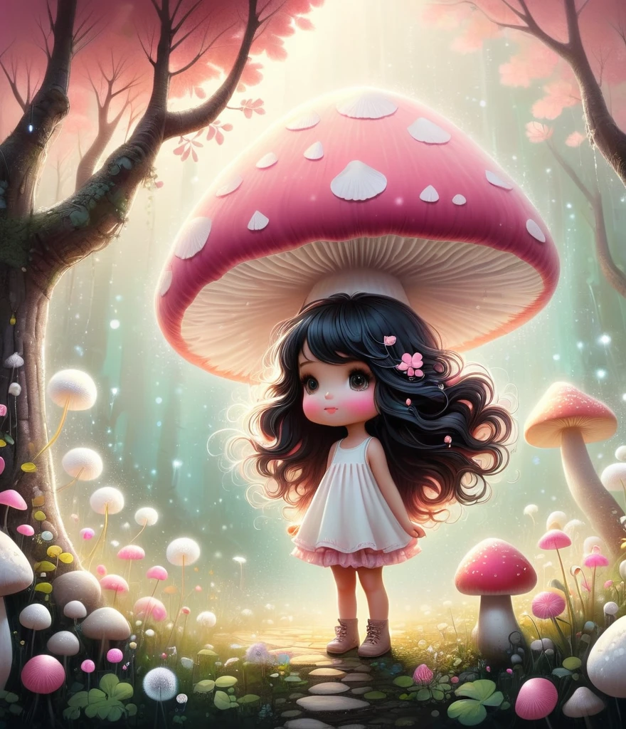 Cute cartoon boy, whole body,Mushroom floating, Pink and white color scheme, sharpie illustration, Thick lines, Grunge rock style beauty, Blending Mode, in the style of Amanda clark, Evgeni gordiets, illustration, 1 nhbm 1