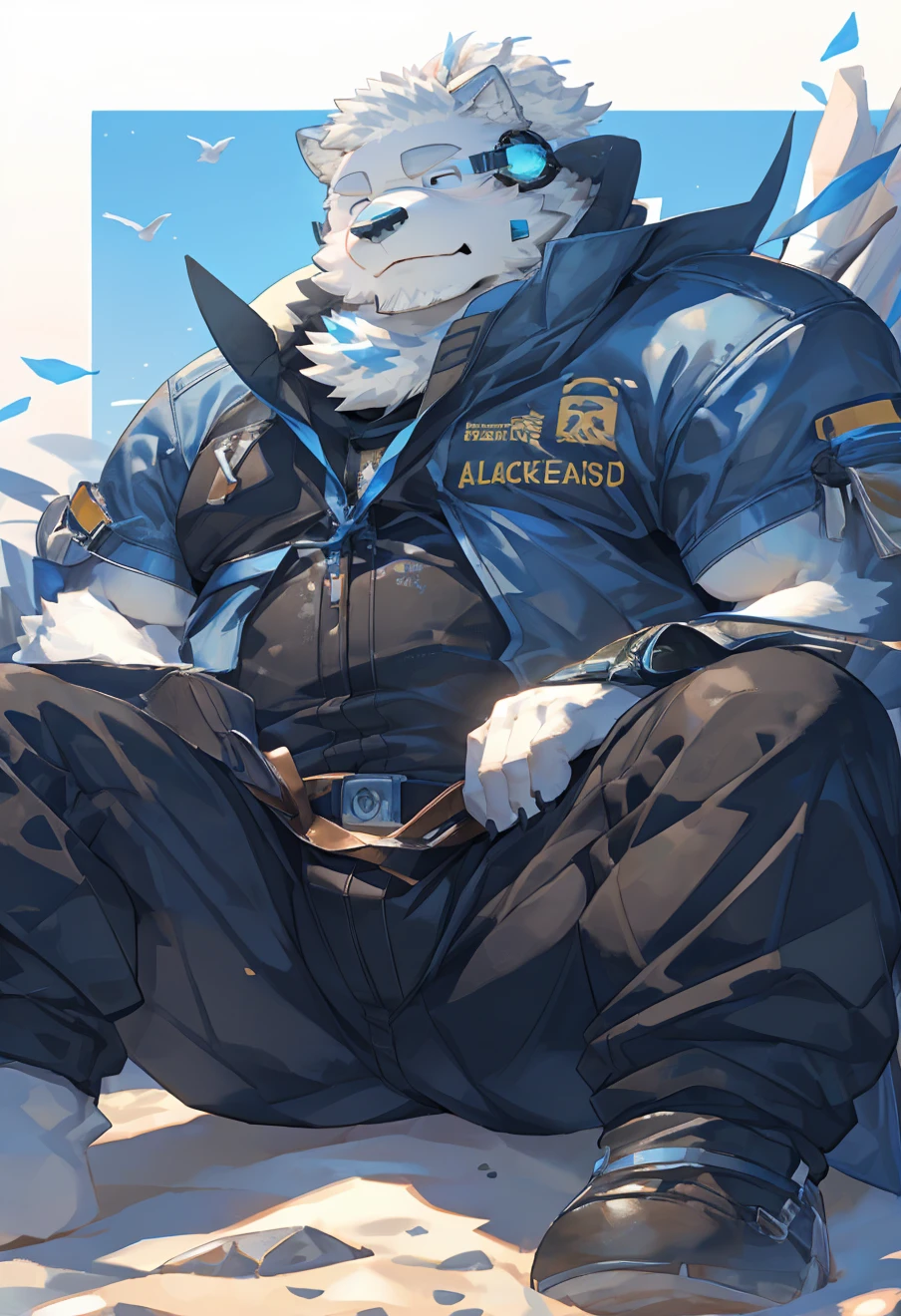 (black),Broad perspective，Full body portrait，Ragged clothes，Sitting on the beach with eyes closed，Isolated island beach，Mature，tall and big，Great posture,(Densely planted island.:1.2),Abdominal muscles,Honest，A perfect masterpiece，CG,(Gray eyes),Black and white pattern,black尾巴,heroic,Wolf,black相间的毛皮,(barefoot）,(Long feathers),((Middle-aged uncle)),(16K),HD,White belly,beard,(Face line),Heterochromia,(White hair),muscle,(high resolution:1.3）