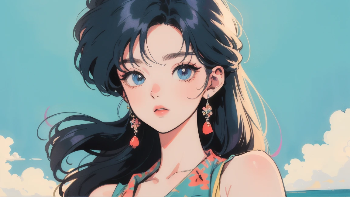 masterpiece, Highest quality, Rainbow Style, anime, Beautiful Asian Girl, K-Pop aesthetics and style, 80s American hippie style, Along the Hawaiian Coast, Cute and dreamy,anime,Illustrator,LOFI Girl,