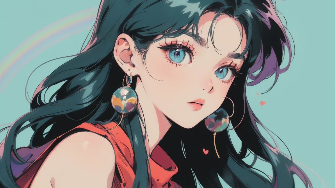 masterpiece, Highest quality, Rainbow Style, anime, Beautiful Asian Girl, K-Pop aesthetics and style, 80s American hippie style, Along the Hawaiian Coast, Cute and dreamy,anime,Illustrator,LOFI Girl,