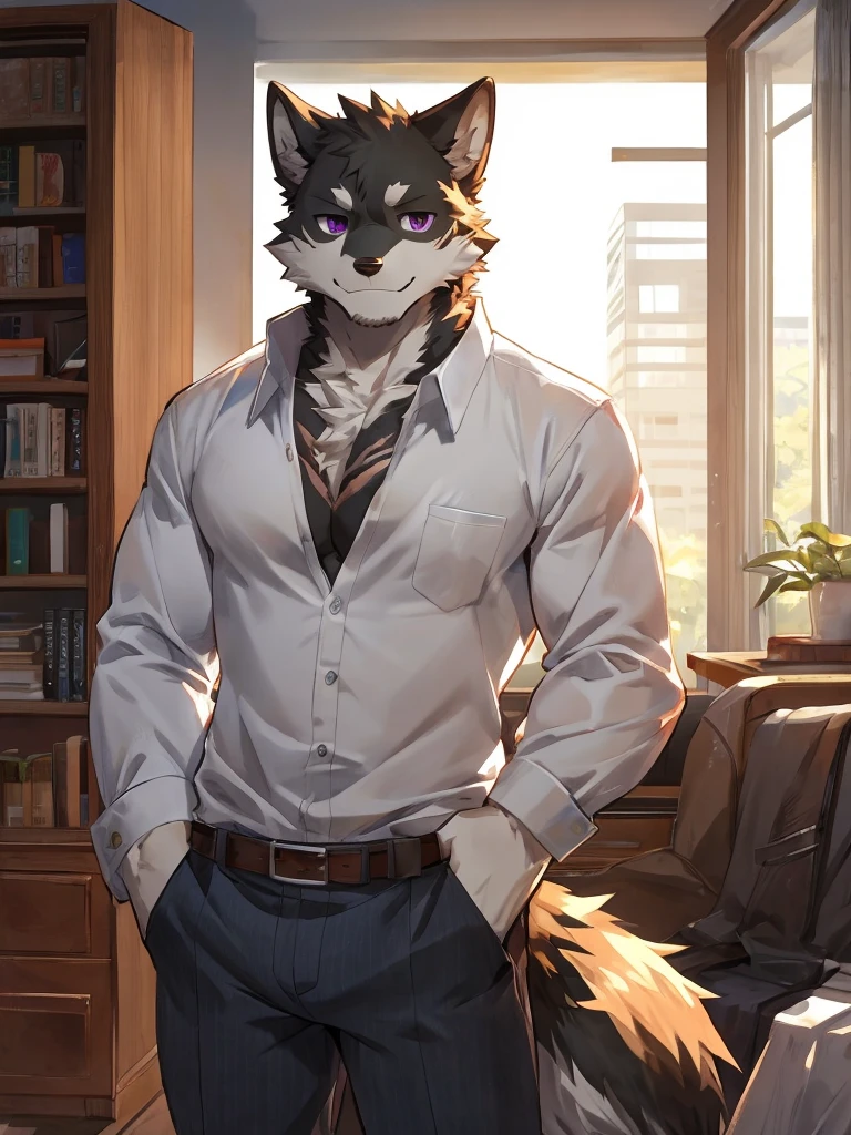 embedding:black wolf, male,purple eyes,Scar on the face, scar on the body,Single person,The fur on the chest and abdomen is white.Inside the apartment,Elder brother.Modern apartment, clean and tidy.casual Shirt,Casual pants,Formal, everyday,A mild expression,Maturity,The highest quality of scene detail,adult,Tall and powerful,muscle,Best quality hands, best quality eye,detailed fur,Delicate eyes.Extreme picture quality,by sollyz,by zixiong,by milkytiger1145