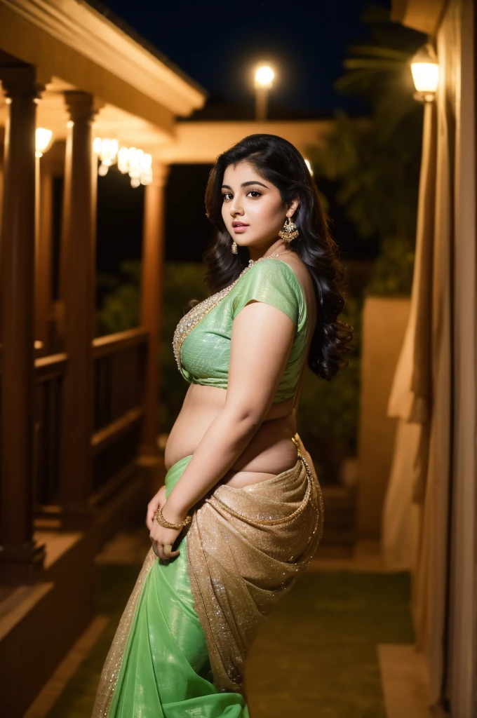 1 Heavenly beautiful and goddess beauty cute and sweet looking face Arabian woman in front of house at night, Heavenly beautiful Overweight, Heavenly beautiful Extremely fat, Heavenly beautiful and attractive Chubby figure , Heavenly beautiful looking and eye catching luxury style saree , reaching out, Heavenly beautiful Arabian woman, 16k, High resolution, masterpiece, highest quality, fine skin, close up figure view, Realistic Photograph