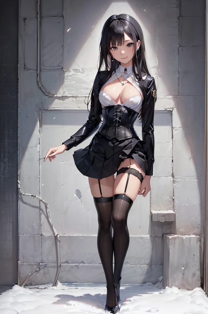 ((Biologically correct limb count))、(( From head to toe、Full-body photo including face))、4K、((Standing position))、masterpiece、((Focus on the face))、((Symmetrical facial features))、Eyes with detailed description、Beautiful woman、Great style、Beautiful arms、Beautiful legs、Beautiful Hands、(Small Ass、Thin thighs)、Facial detailing、Small earrings、necklace、(Black latex uniform、skirt、corset、((High heels、Black garter stockings)))、Face close-up、smile、Black Hair、((Alluring))、Walking with my head up、Panty shot、No bra