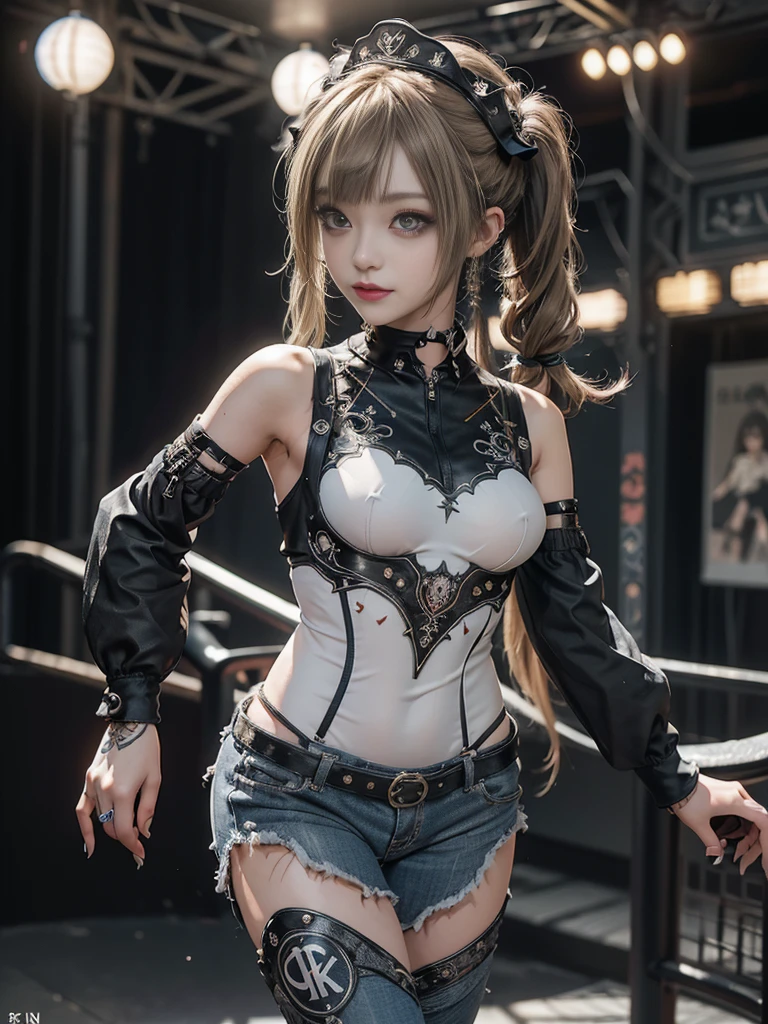 (Full Body View:1.4)、(Side view:1.1)、(Smiling with teeth showing:1.3),(Shibuya Gal:1.5)、(Gothic ta style fashion:1.5)、(Punk RockVisual Kei:1.5)、(Wearing a rhythmic gymnastics bodysuit with intricate details:1.4)、(Racing suit and pants with intricate decorations in white, denim and charcoal:1.5)、(Denim and light blue and white boots:1.3)、((belt))、(Numerous delicate logo marks all over the costume:1.4)、(collar:1.3)、(Striped underwear:1.5)、20-year-old、NSFW、((Highest quality、In 8K、masterpiece:1.3))、Sharp focus:1.2、(Layered Cut、Huge boobs:1.1),Beautiful woman with perfect figure:1.4、(Dancing vigorously:1.3)、Slender Abs:1.2、Highly detailed face and skin texture、Detailed eyes、double eyelid,(Twin tails:1.3)、(Brown-golden hair:1.3)、Gravure idol、(The background is the stage of the fashion show:1.3)、(Slim body:1.3),(Make your legs thinner:1.4),(clavicle:1.1)、(Thin and slim thighs:1.3)