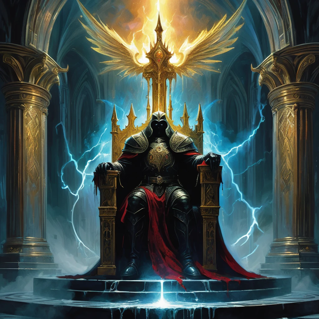 sits King Alaric on the Iron Throne. His long, golden hair cascades around a crown of obsidian and ruby, a stark contrast to the dark and foreboding atmosphere that pervades his kingdom.

The throne room, dimly lit by flickering torches and the eerie glow of enchanted crystals embedded in the walls, is a place where shadows dance and whispers of forgotten curses linger in every corner. The high, vaulted ceilings are adorned with grim tapestries depicting scenes of legendary battles and eldritch horrors, reminders of the kingdom's blood-soaked history and the ever-present threat of the encroaching darkness.

King Alaric, though youthful in appearance, bears the weight of countless generations on his shoulders. His piercing blue eyes, filled with a weary determination, survey the hall where nobles and advisors murmur amongst themselves, plotting and scheming under the veneer of courtly decorum. The air is thick with tension and unspoken fears, for it is said that the throne itself is bound by an ancient, malevolent spirit that whispers secrets and demands sacrifices.

As Alaric contemplates the fate of his troubled realm, he is visited by a mysterious seer who foretells of an impending cataclysm—a darkness that will rise from the depths of the underworld to consume the land. To save his kingdom, Alaric must navigate a treacherous path of political intrigue, forbidden magic, and ancient prophecies. Allies will prove false, and enemies will strike from the shadows, all while the king grapples with his own inner demons and the cursed legacy of his bloodline.

In this dark medieval fantasy, the throne is not just a seat of power but a symbol of the eternal struggle between light and shadow, hope and despair. Will King Alaric rise to the challenge and lead his people through the coming darkness, or will he succumb to the forces that seek to destroy his kingdom from within?

As the storm rages outside and the walls of the citadel groan under the weight of centuries, the fat