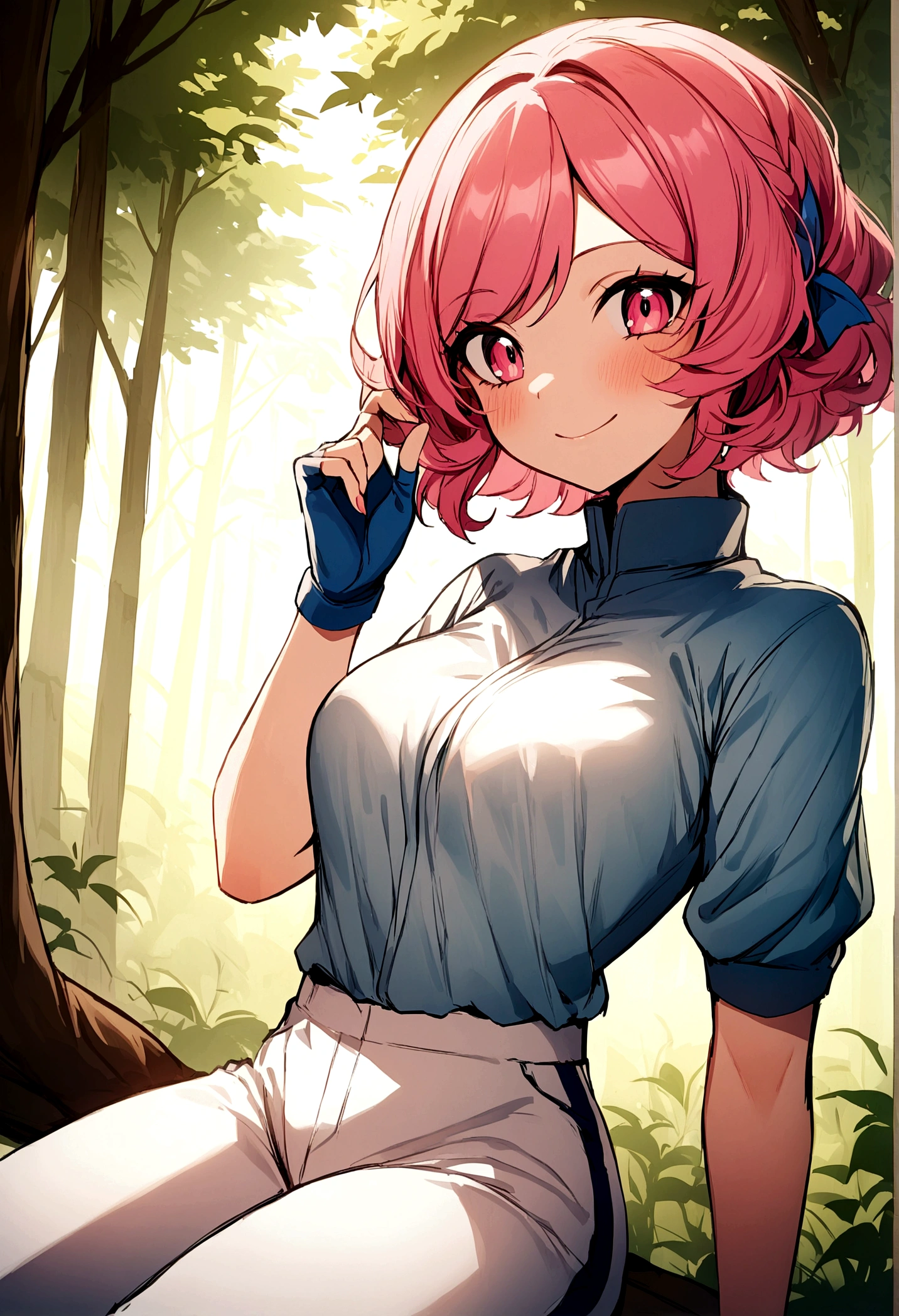 pkmnmaylene, 1girl, solo, pink eyes, pink hair, short hair, bangs,
blue leotard, white pants, track pants, fingerless gloves, blue gloves,
smile,closed mouth,cowboy shot, sitting,
forest,outdoor,
(insanely detailed, beautiful detailed face, masterpiece, best quality) cinematic lighting,