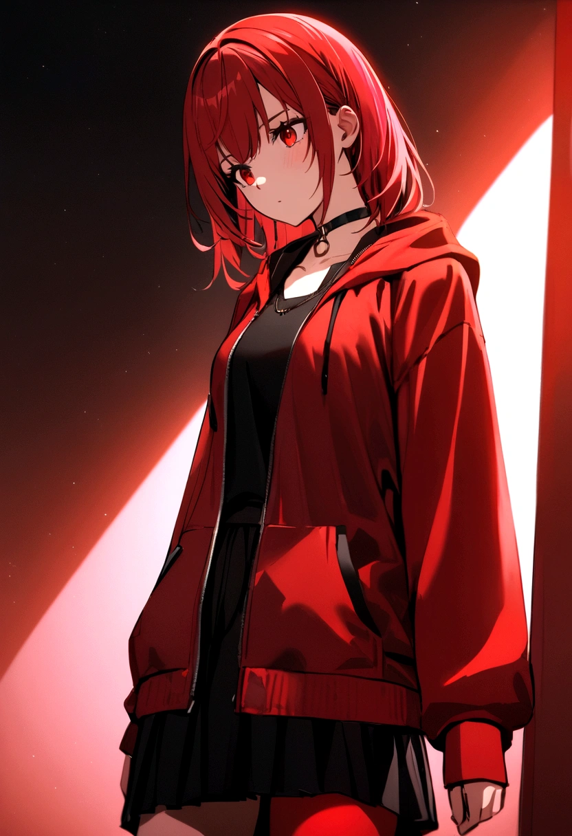 a girl with a red skirt and a black skirt under the red shirt . red stockings with the top black. red zip up hoodie with a black shirt underneath. red hair and red eyes has a black Choker Necklace