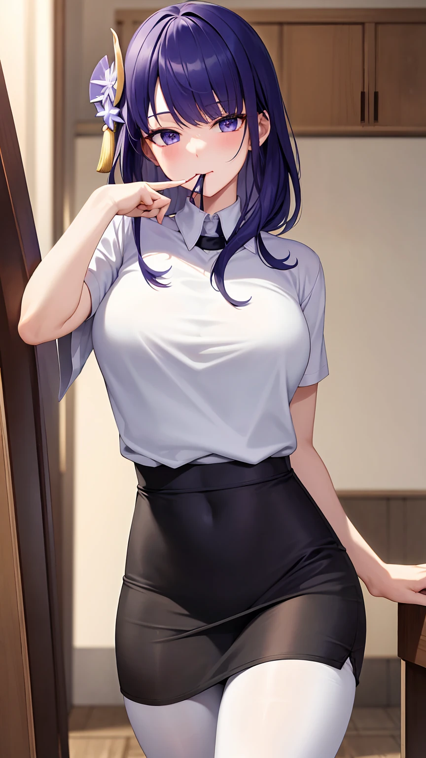 ((masterpiece, best quality)),8k,indoor ,1raiden shogun,mouth_hold,(white shirt:1.2) ,looking at viewer,slim waist, use pantyhose, sexy