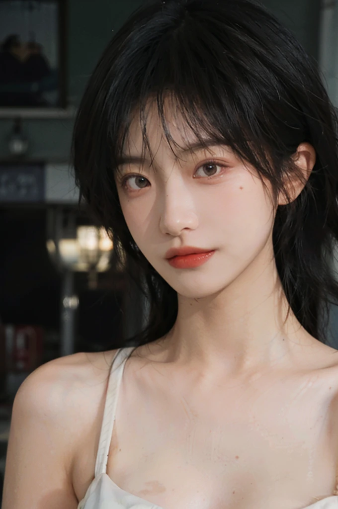(Skin details:1.4), (smooth skin textures:1.3), Lipstick, background, earrings, serene, calm, (Dress conservatively:1.8),(Realistic and detailed eyes:1.2), (Large Breasts:1.3),Natural skin texture, Realistic facial details, Soft dramatic lighting, Vivid details, 35 mm film, outdoor, (Photo Practical:1.4), (hyper Practical:1.4), (Practical:1.3), (Smoother lighting:1.05), (Improve lighting quality:0.9), (Highest quality real skin textures:1.4), Exquisite eyes, Delicate face, Close-up of face, (Enhance the beauty of skin texture:1.1), Hair details, model,normal body ratio, short hair, Moles under the eyes, 公园background,Portrait Photography, Depth of Field, Bokeh, Surrealism, Ray Tracing, (Portrait Photography:1.1), Surrealism, High Detail, Chiaroscuro, Ray Tracing, reflected light, Ultra HD, Ultra HD, masterpiece, Textured Skin, Super Detail, High Detail, high quality, best quality