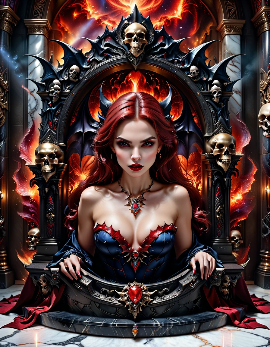 a picture of a vampire queen sitting on her dark throne, a (vampire queen: 1.1) wearing dark blue dress, royal dress, dynamic hair, bold intense eyes, extremely exquisite beautiful queen, perfect body, (anatomically corect: 1.3), ultra feminine, ultra detailed face, red lips, red glowing eyes, she sits on a dark frightful, a throne of fear, and might, throne carved from black marble , legendary symmetric design, with (many carvings in the marble: 1.3), skulls on the handles, decorated with rubies, and opal gems, dark fantasy hall room background, (masterpiece: 1.4) intense details, highly detailed, photorealistic, best quality, highres,16k, [ultra detailed], masterpiece, best quality, (extremely detailed), close up, ultra wide shot, photorealistic, RAW, fantasy art, dnd art, fantasy art, realistic art,((best quality)), ((masterpiece)), (detailed: 1.5), ladyshadow, RagingNebula