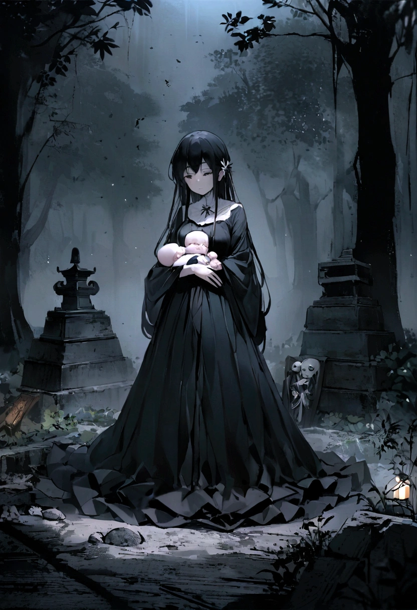 Japanese Yokai「Birds of Capture(Ubume)」Please draw。Birds of Captureは、A ghost of a woman with long black hair that appears at night.、It features a figure of a woman breastfeeding a baby.。She has a pale and sad face、Wearing white funeral clothes。hair is long and messy。Set the background as a dark and spooky forest and an old abandoned shrine。It's raining。Create an overall sad and mysterious atmosphere.。
