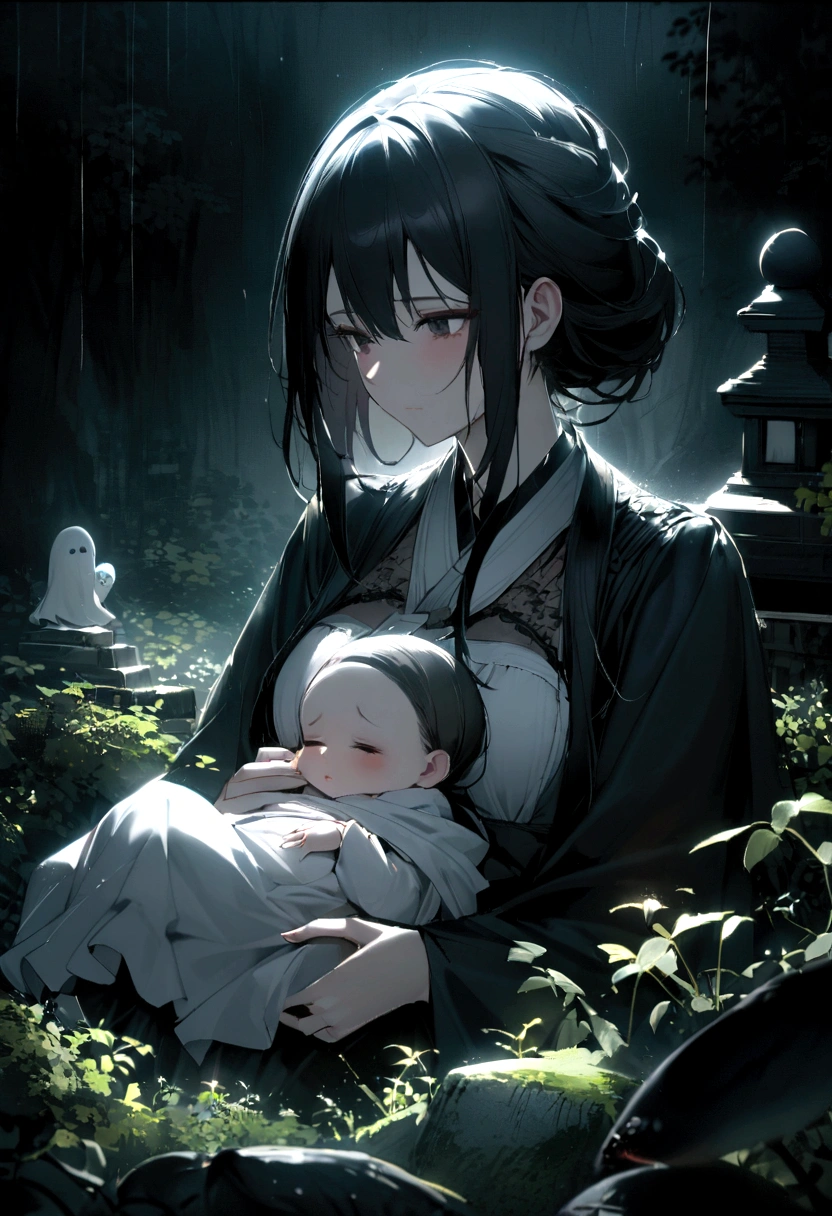 Japanese Yokai「Birds of Capture(Ubume)」Please draw。Birds of Captureは、A ghost of a woman with long black hair that appears at night.、It features a figure of a woman breastfeeding a baby.。She has a pale and sad face、Wearing white funeral clothes。hair is long and messy。Set the background as a dark and spooky forest and an old abandoned shrine。It's raining。Create an overall sad and mysterious atmosphere.。
