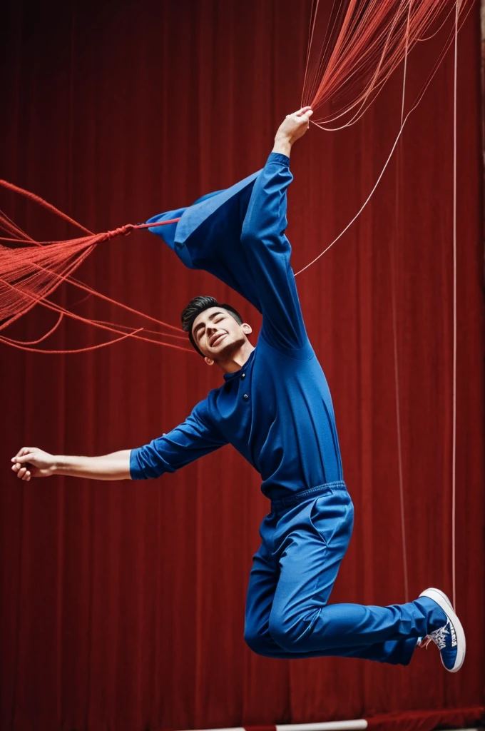 A man Trying to reach red thread while jumping and there are a lot of blue threads around him