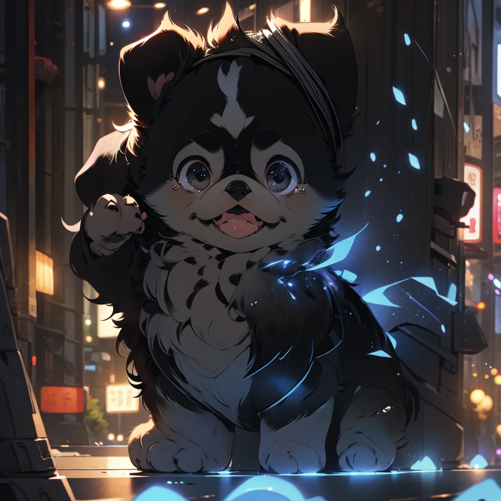 In the city、1 Pug puppy、(((Round black fur on forehead:1.3)))、(((Tears:3.0)))