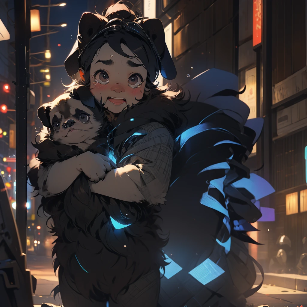 In the city、1 Pug puppy、（（（Round black fur on forehead:1.3）））、（（（Tears:3.0）））