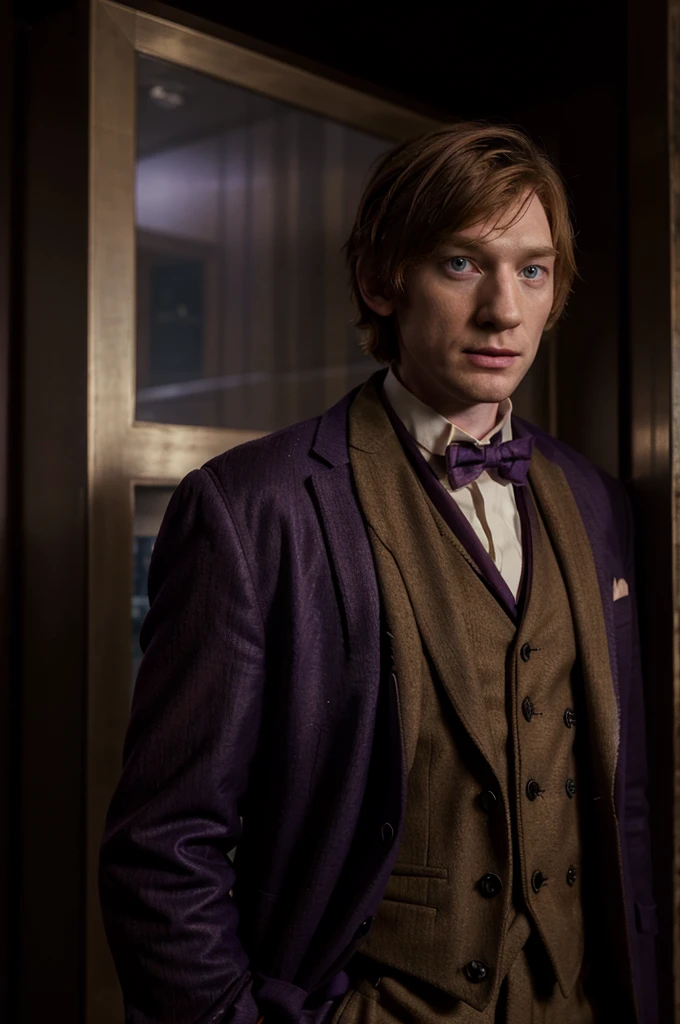 Domhnall Gleeson as The Doctor (Doctor Who), purple overcoat, brown suit vest, bow tie