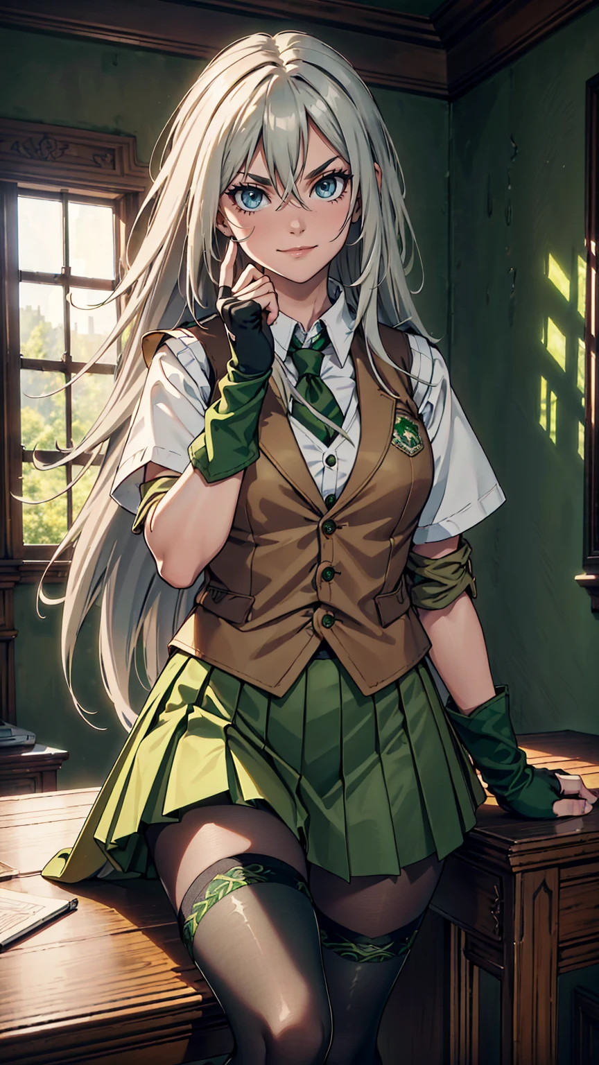 最high quality、Ultra High Definition, Ultra High Quality, Hyper Definition, Hyper Quality, Hyper Detailed, Extremely Detailed, Perfectly Detailed, Best image quality、masterpiece、woman((20-year-old、super dynamic pose , legs bent at the knees, Green solid eyes, Silver long Hair、Disheveled Hair、Long White Hair、thin,Fingerless Glove、Green Skirt, Tights, Smirk、Brown School Vest , Dressed in school)),high quality、Beautiful art、background((Inside the mansion))、Written boundary depth、 movie、Visual Arts、Perfect art、8K,Genuine、