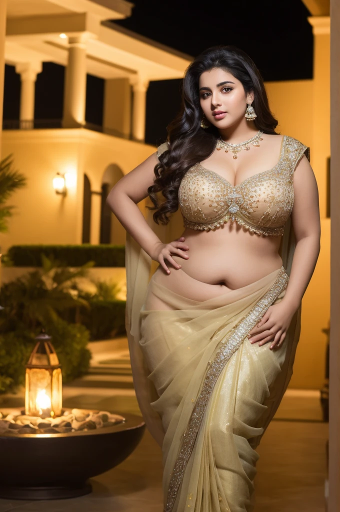 1 Heavenly beautiful and goddess beauty cute and sweet looking face Arabian woman in front of house at night, Heavenly beautiful Overweight, Heavenly beautiful Extremely fat, Heavenly beautiful and attractive Chubby figure , Heavenly beautiful looking and eye catching luxury style saree , reaching out, Heavenly beautiful Arabian woman, 16k, High resolution, masterpiece, highest quality, fine skin, close up figure view, Realistic Photograph