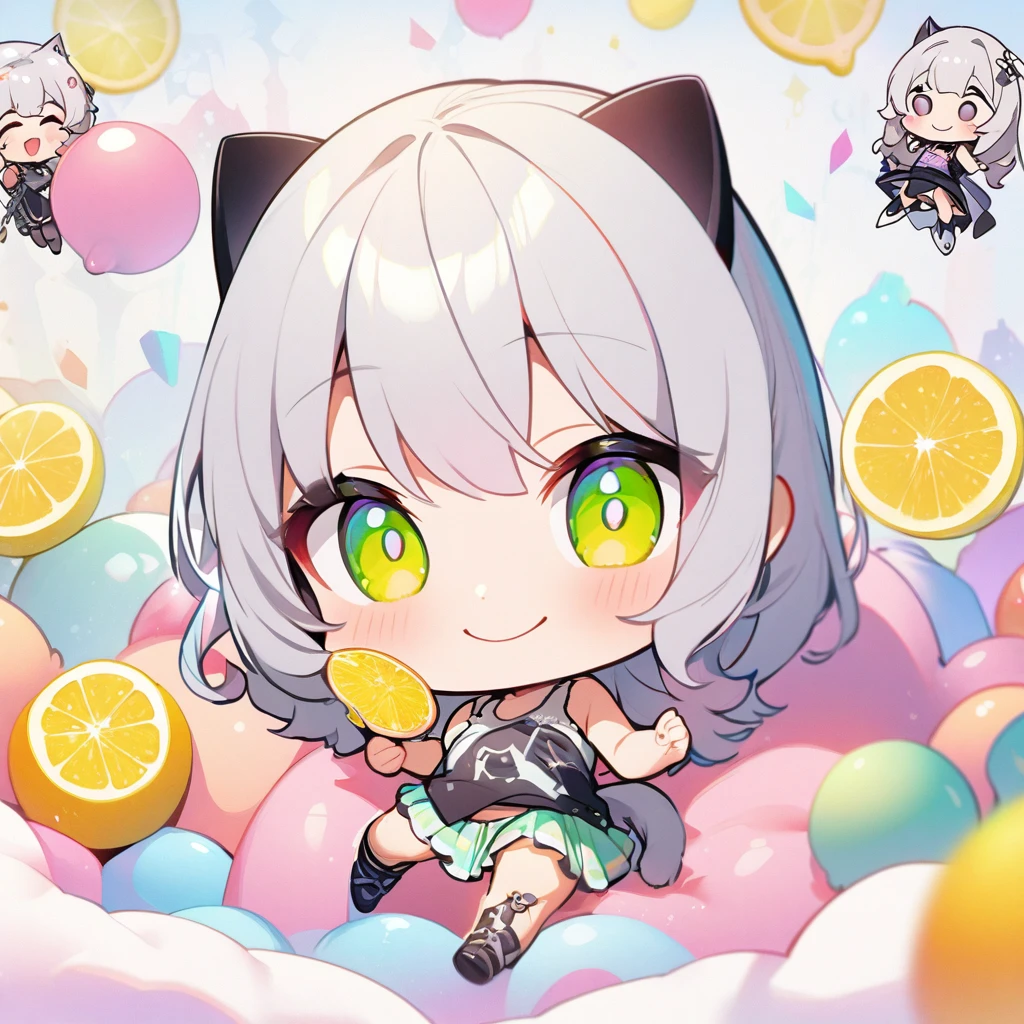 masterpiece、Highest quality、Depth of subject、2D illustration、1 beautiful girl、独奏, (((chibi style)))、Long, beautiful hair、Shiny silver hair、cute、Beautifully detailed eyes、((Tank top))、a glass of lemon soda, ((colorful))、mini skirt、((happy smile))、((cat cluster)), ((close up shot))、((in the room))、((There's a lot of pink around))、Thighs、((vivid color))、sparkle、((Lens flare))、