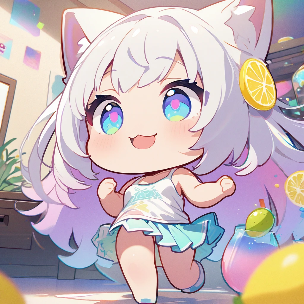 masterpiece、Highest quality、Depth of subject、2D illustration、1 beautiful girl、独奏, (((chibi style)))、Long, beautiful hair、Shiny silver hair、cute、Beautifully detailed eyes、((Tank top))、a glass of lemon soda, ((colorful))、mini skirt、((happy smile))、((cat cluster)), ((close up shot))、((in the room))、((There's a lot of pink around))、Thighs、((vivid color))、sparkle、((Lens flare))、
