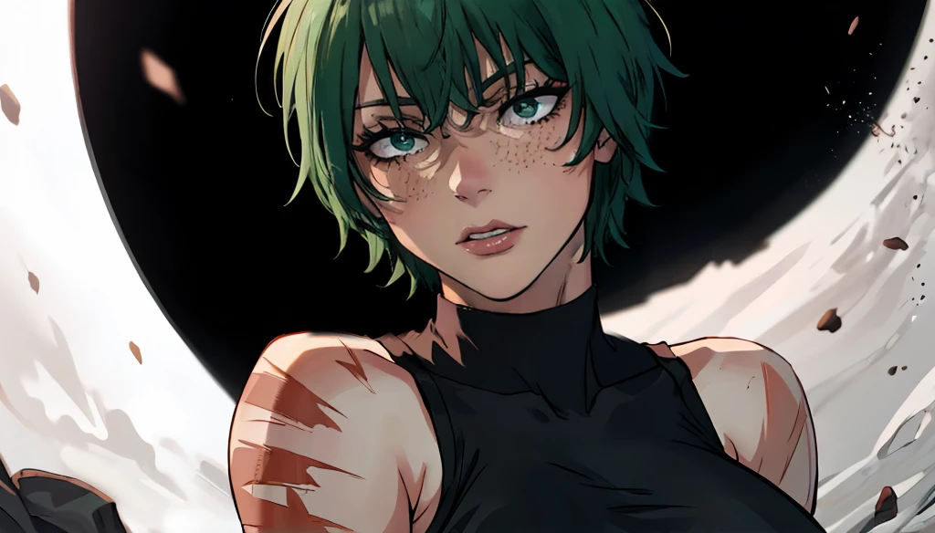 (masterpiece:1.2, best quality:1.2, beautiful, high quality, highres:1.1), detailed, short hair, short fluffy hair, short green hair, extremely detailed 4K, perfect eyes, perfect face, bandage on eye, scar on eye, Maki Zenin, scar on body, very short hair, circle glasses, Maki Zenin LoRA, black shirt, scar on eye, scars, sleeveless, crop top, beautiful face, perfect lighting, (1girl, solo, adult female, mature female), thin, lithe body, Maki Zenin, green hair, glasses, (big breasts), ((sensual seductive))