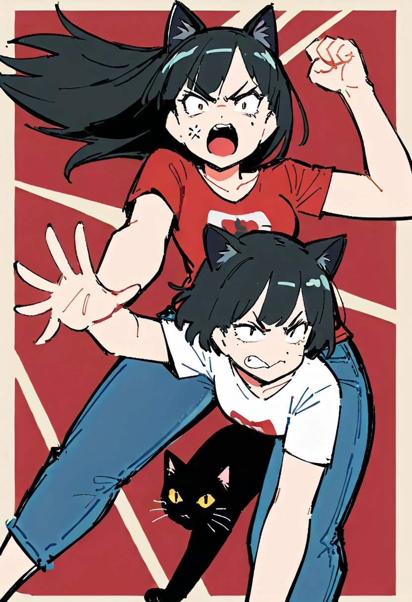 (((Dynamic pose))),((Furious facial expression)) ,(Thick painting style),Bold line, ((masterpiece,)),(((Highest quality))),(sketch),((Girls in their 20s)),Short black hair,Black cat ears,T-Shirts,jeans
