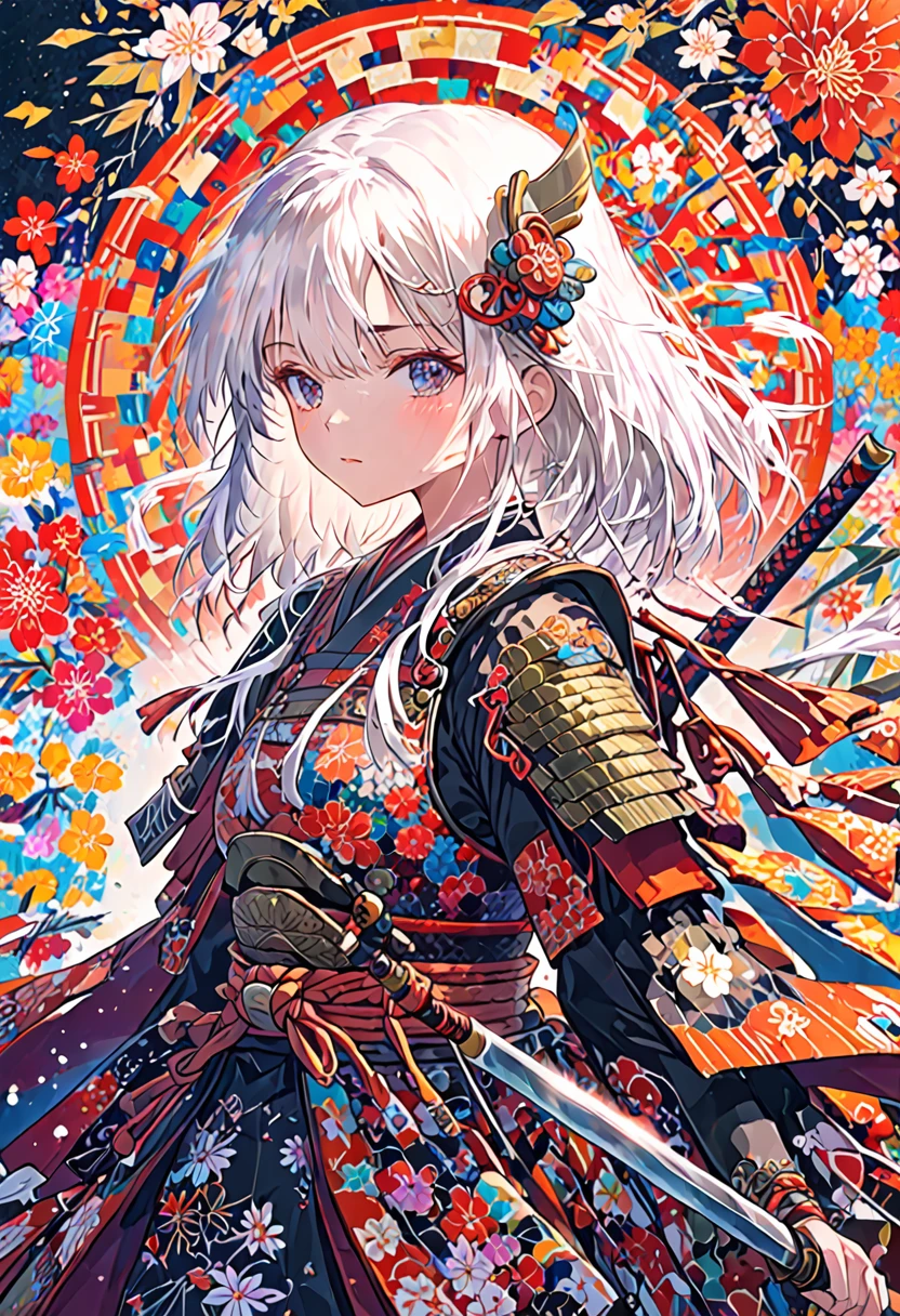 A vibrant and colorful illustration of an anime-style female samurai character with white hair, holding her sword in front of her face. She is wearing traditional Japanese adorned with floral patterns, a backdrop filled with colorful patterns representing ancient symbols and floral motifs. The background is richly detailed with geometric shapes that add depth to their figure's presence., creating a whimsical atmosphere. The background features bold colors and intricate designs that add to the overall visual appeal. This artwork showcases vivid hues, intricate details on both attire and armor, capturing movement as she walks forward in the style of intricate details on both attire and armor, capturing movement as she walks forward.