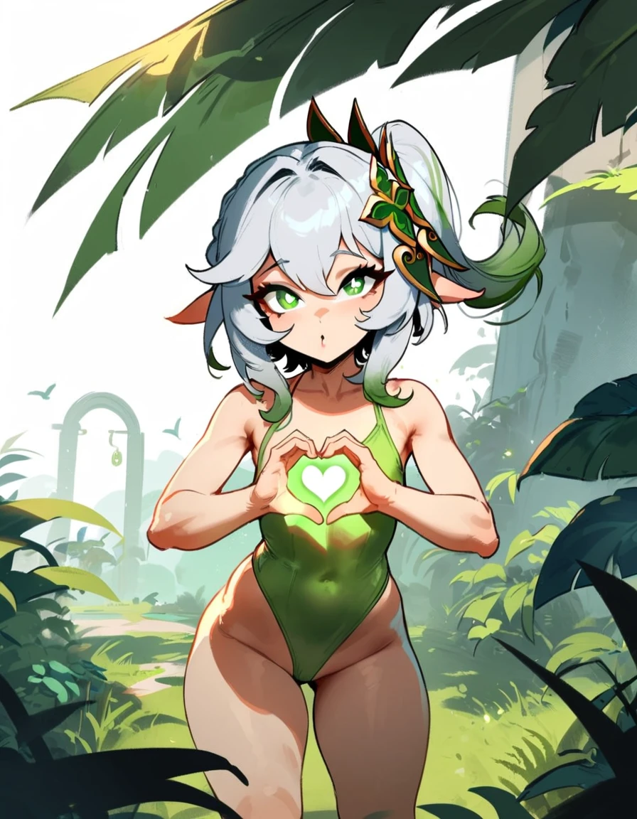 1girl, nahida \(genshin impact\), genshin impact\\\\\ masterpiece, best quality, very aesthetic, absurdres, newest \\\\\\ slim body,///// ,by nyantcha,cutesexyrobutts , by khyle,,////// beautiful face, y, , greenery,, jungle,birds etc, looking at viewer, lime one-piece swimsuit,grass,white background, heart shaped hands
