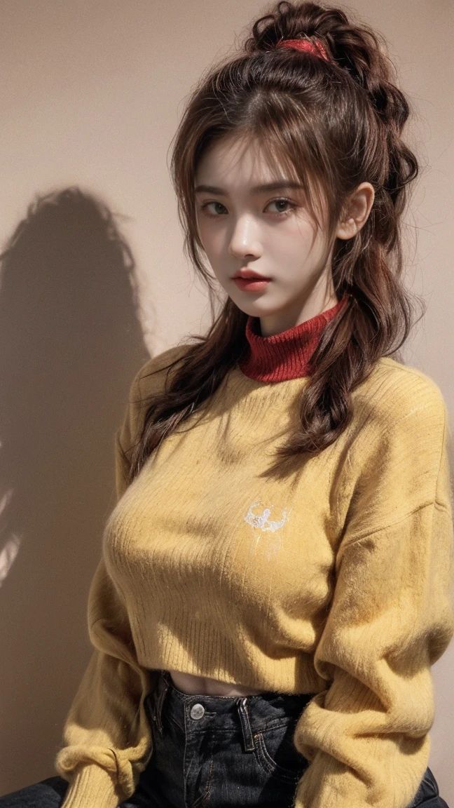 21yo girl,red hair,ponytail hair,(wearing a red yellow), (yellow striped on sweater),( with a crest emblem on the chest),(sweater features a bold horizontal stripe pattern),(Gryffindor),(red and yellow striped sweater), jeans, natural medium breast, plump body,single sidelock hairpin blush modern cinematic lighting,ray tracing,drop shadow wide shot UHD,textured skin,high details,best quality 4K