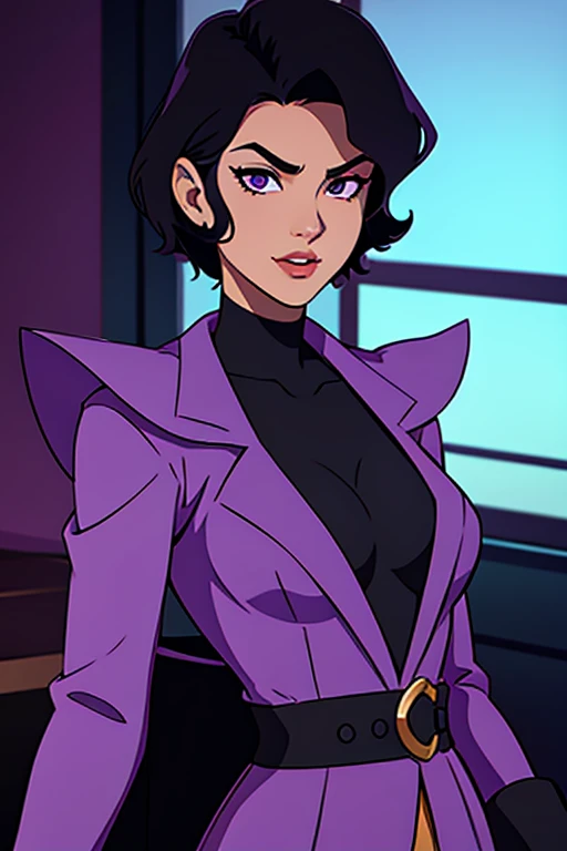 A villain in purple costumes, with black hair