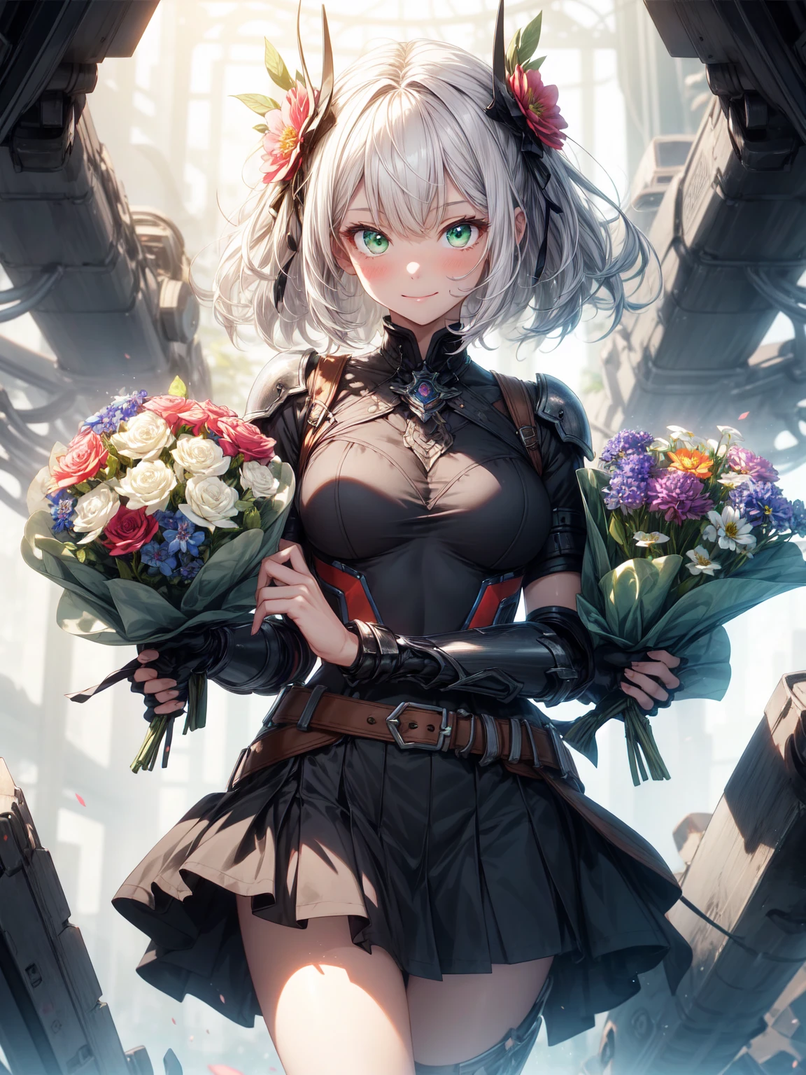 Be realistic，（masterpiece，Highest quality，Highest quality，Very detailed，Fractal Art，Most detailed，（Flower field background：1.5）（1 Girl），Kamimei，（Hair length），（Green eyes glow、your breasts will grow，Stunned)，crystallization，sexy、Machinery Armor、Sunburned skin、（Holding a bouquet of flowers in both hands:1.3）、break, (Holding a bouquet:1.3),(mini skirt)、A kind smile