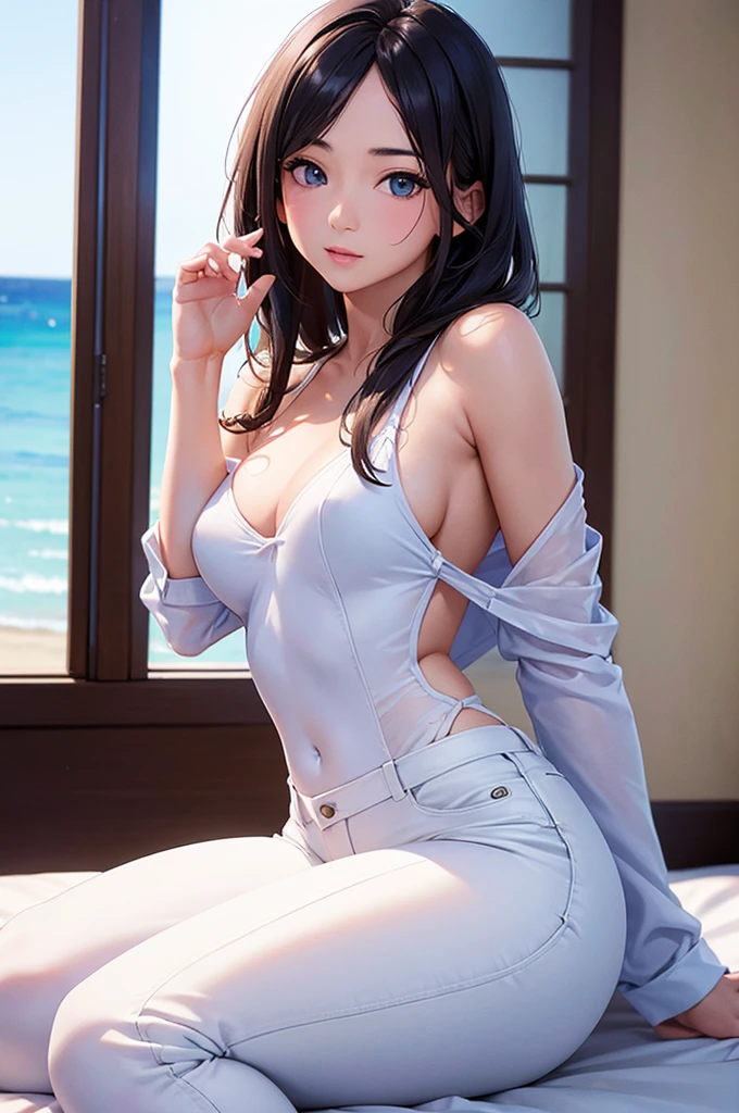 Cute Thai girl with shoulder-length dark shaded hair, blue eyes, He is wearing a tight fitting white shirt with a low neckline. (Bust 38 inches), slim fit light blue jeans, Sitting on a bed with a sliding glass door behind, Beach view.
(Highest quality,4K,8K,High resolution,masterpiece:1.2), Super detailed, (Realistic,photoRealistic,photo-Realistic:1.37), High resolution, 超High resolution, Studio Lighting, Very detailed explanation, Professional, Vibrant colors, Bokeh, Portraiture, Beach Color.