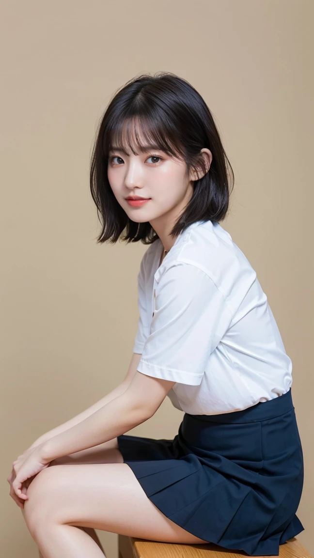 (8k), (highest quality: 1.2), (Realistic), (Realistic: 1.37), Ultra-high resolution, (1 girl), cute, A shy smile, Mouth closed,(Red cheeks with embarrassment:1.3), Beautiful details, Beautiful Nose, Black short bob hair, bangs,Giant Dulcefo,University Uniforms,(Simple white Y-shirt:1.5),(Pleated dark blue skirt:1.3),(Sitting:1),(closed up shiny legs:1.2),(From the side),Bring your face closer