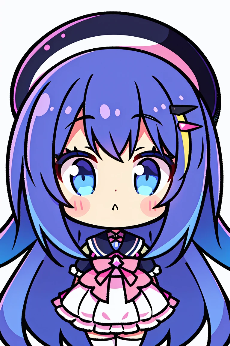 Anime Girls, 1 person, Pink God, Hair clip on the right side of the bangs, Black Hat, Bright Blue Eyes, White women's shirt, Small light blue ribbon on chest, Office Uniforms, Tight-fitting shirt, Tight Skirt, stockings,Little,whole body, Front view, alone、The background is bright、Star and spark effects surround the character、Book and pencil in hand、smile