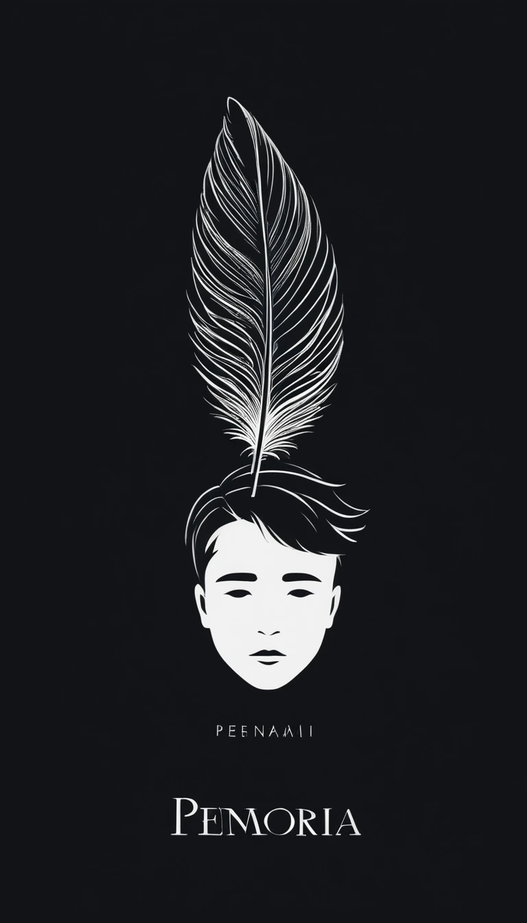 A minimal, modern, simple, cinematic logotype of a boy with a head full of feathers for the brand “Penamemoria" .