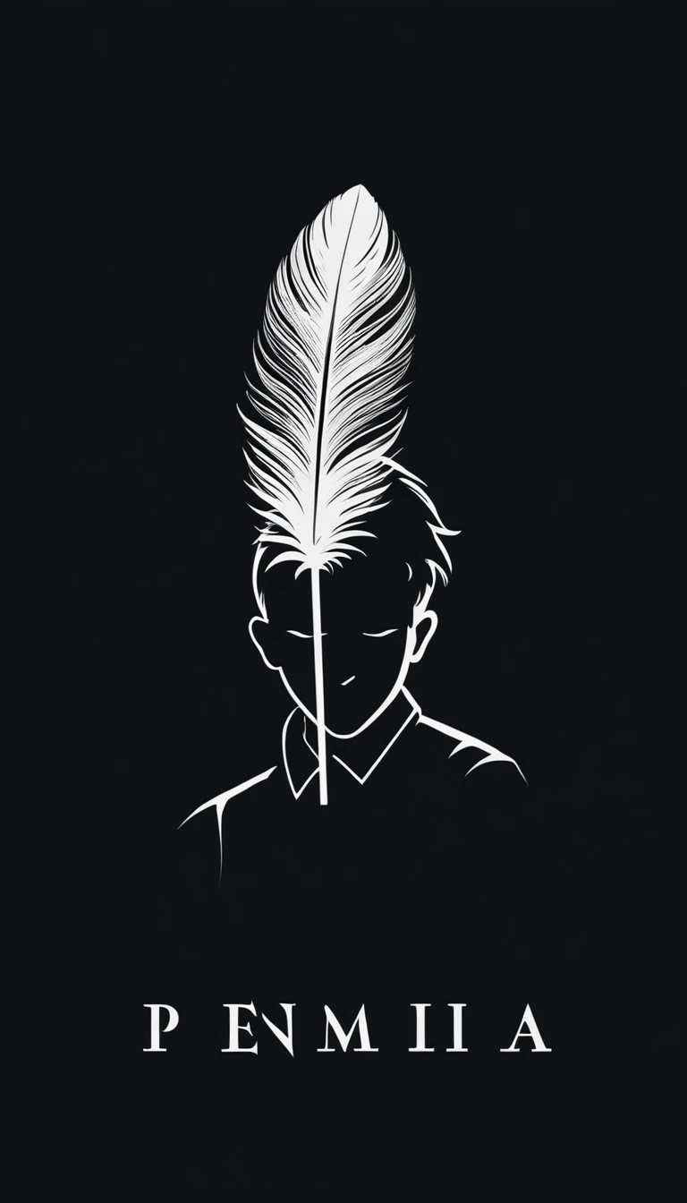A minimal, modern, simple, cinematic logotype of a boy with a head full of feathers for the brand “Penamemoria" .