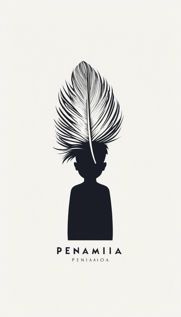 A minimal, modern, simple, cinematic logotype of a boy with a head full of feathers for the brand “Penamemoria" .