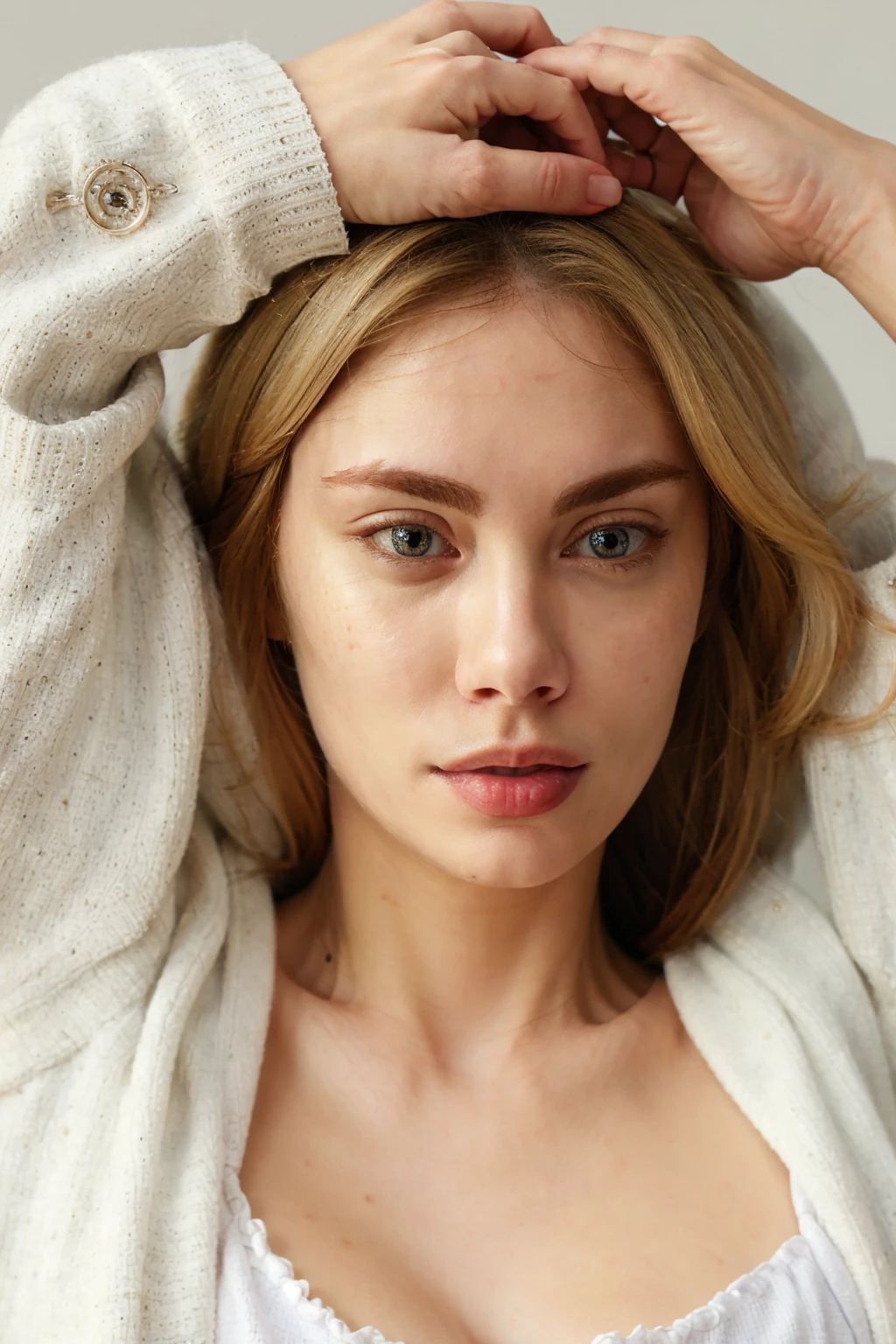 headshot, a woman in a white cardigan, soft colors, masterpiece, high quality, (high detailed skin:1.1)
87j3n